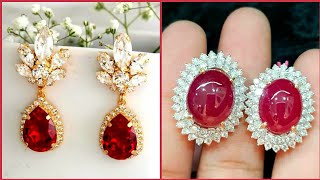 Sophisticated & Elegant Women Designer Oval Cut Natural Ruby & Diamonds Stud Drop Earrings Designs