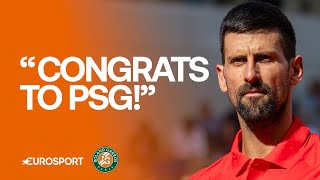 Novak Djokovic reacts after advancing to quarter-finals at Roland-Garros 👏