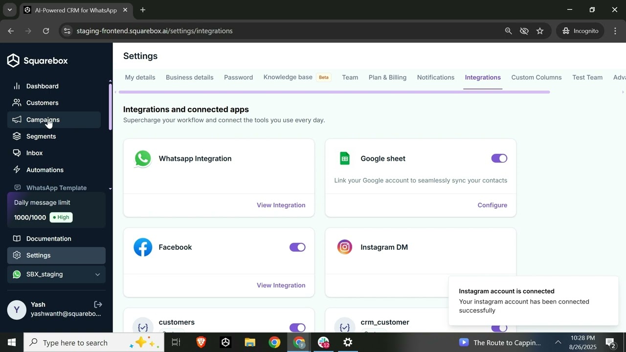 How to integrate Instagram Dm to Squarebox.Ai?