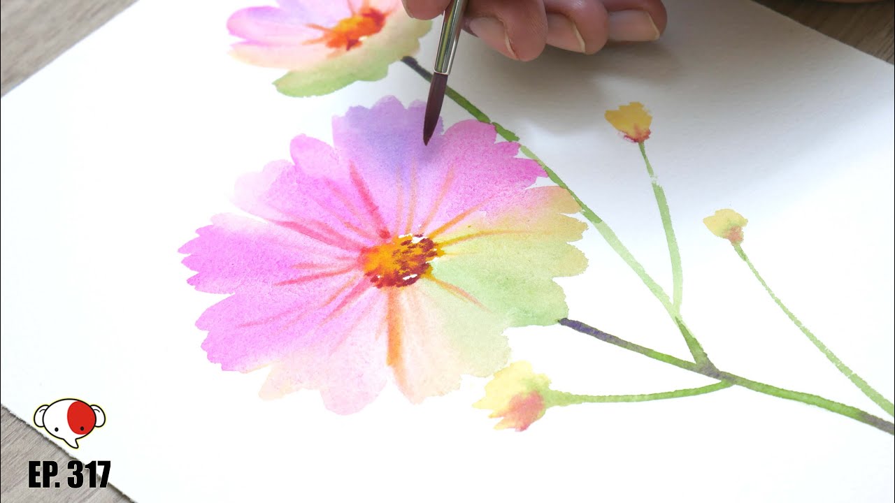 วาดรูปสีน้ำ ดอกไม้สีชมพู ง่ายๆ /ศิลปะบำบัด/ครูช้างสอนวาด ตอนที่ 317
