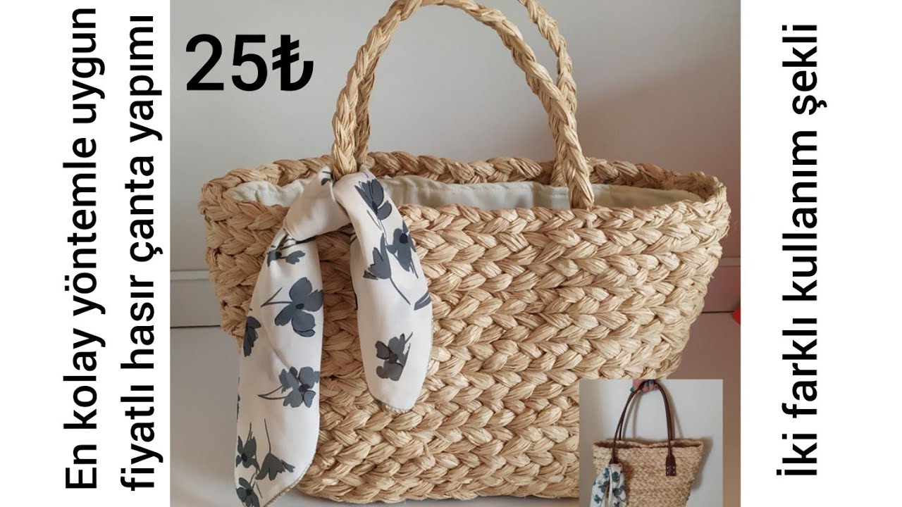 Pratik Hasır Çanta Yapımı| Rafyadan Kolay Çanta Yapımı| Plaj Çantası Yapımı|Örgü Desenli Hasır Çanta
