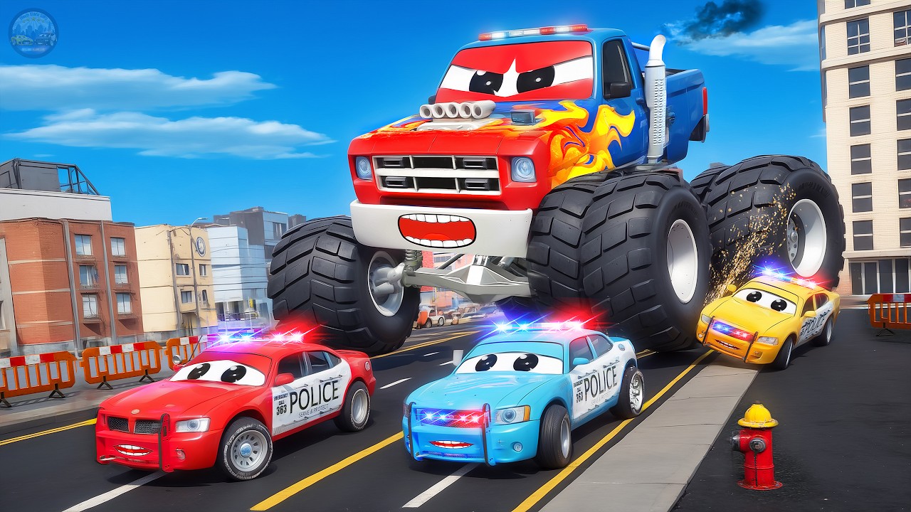 Big Monster Truck Madness vs Super Police Cars Chase Insane Road Rage Rampage Hero Cars Movie