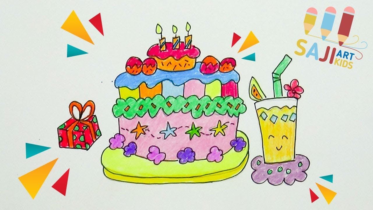 วาดรูประบายสีไม้สวยๆ : วาดรูปเค้กวันเกิดน่ารัก : how to draw a birthday cake step by step easy