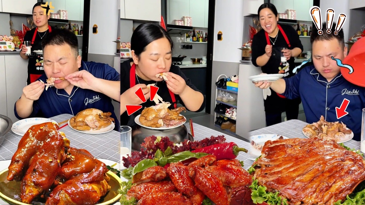 蠢老公吃一个大烧鸡还不满足偷吃我的小鸡腿，这种男人我可不惯着！趁他离开把整个烧鸡全部吃光只剩骨头，看他直配吃骨头太解气了