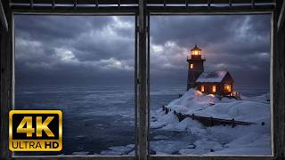 WinterBlizzard Ambience ❄️ 🗼 - Winter - Snowbound Fjord Lighthouse Window View for Projector