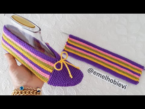 İki Şiş İle Kolay Dikişsiz GÖKKUŞAĞI PATİK Yapımı / Very Easy Rainbow Knitting Slippers