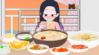 Sick Day, Porridge Mukbang (Abalone Porridge, Chicken Porridge) | Animation ASMR