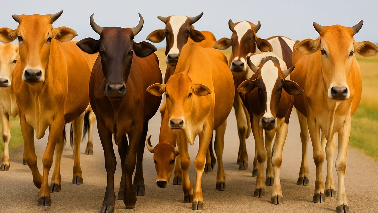 Gembala Kerumunan Sapi Lucu Yang berlari dan melompat Di ladang hijau ...