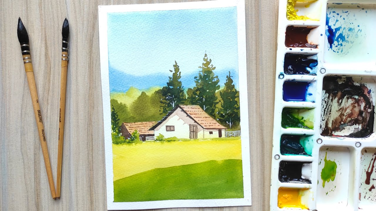 Watercolor painting of beautiful house landscape scenery easy | Paint ...