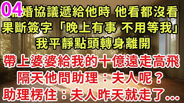 續集04來了！我把離婚協議遞給他時 他看都沒看，果斷簽字「晚上有事，不用等我」我平靜點頭轉身離開，帶上婆婆給我的十億遠走高飛，隔天他問助理：夫人呢？助理楞住：夫人昨天就走了...#危情博弈