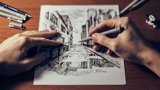 Drawing of a gloomy street - Linear perspective - Time lapse