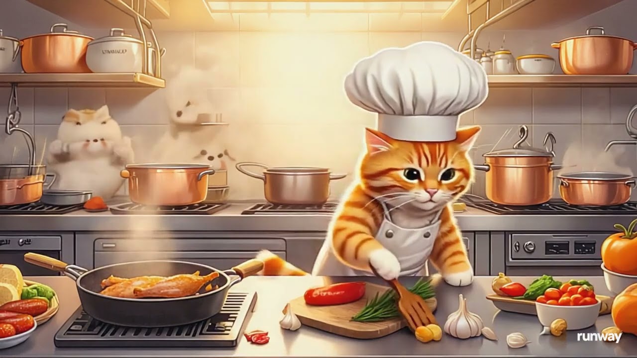 A cat wearing a chef's hat and apron, cooking chicken in a bustling kitchen, with detailed cooking u
