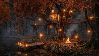 Enchanting Autumn Treehouse 🍂 Cozy Forest Campfire & Night Ambience