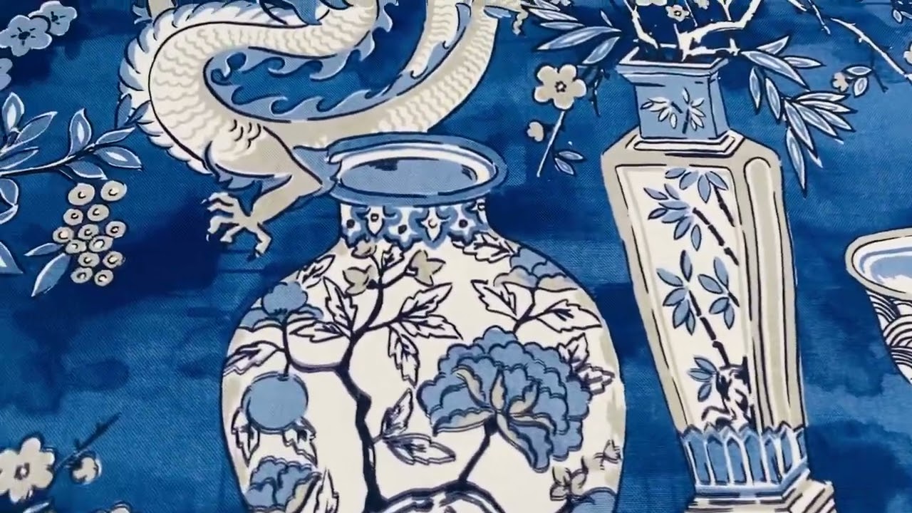 WHITE Chinese Dragon Digitally Printed Fabric Asian Porcelain Motif Material Home Decor Curtain