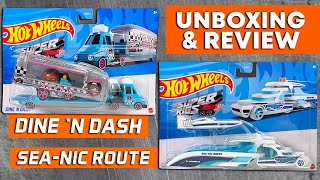 Unboxing the Hot Wheels Super Rigs Dine 'N Dash and Sea-nic Route trucks  with Exclusives