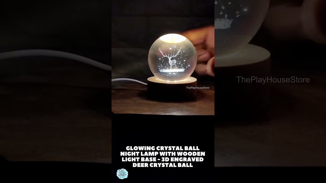 Glowing Crystal Ball Night Lamp With Wooden Light Base 3D Engraved Deer