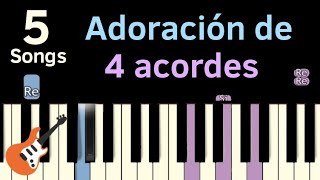 5 Canciones de ADORACIÓN fáciles en piano de 4 acordes 🎹 Tutorial de Canciones CRISTIANAS 🎸 chords