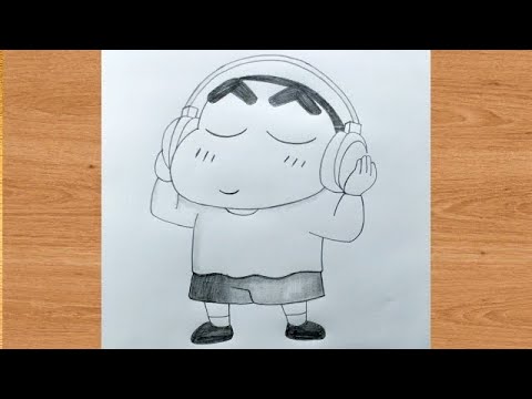 Shinchan love listening music easy pencil cartoon drawing step by step