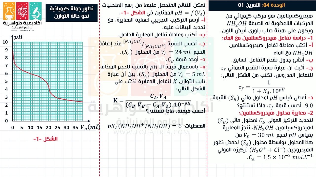 117# الوحدة 4 الأحماض والأسس، المعايرة phمترية، نسبة التقدم النهائية، ثابت الحموضة Ka، ثابت التوازنK