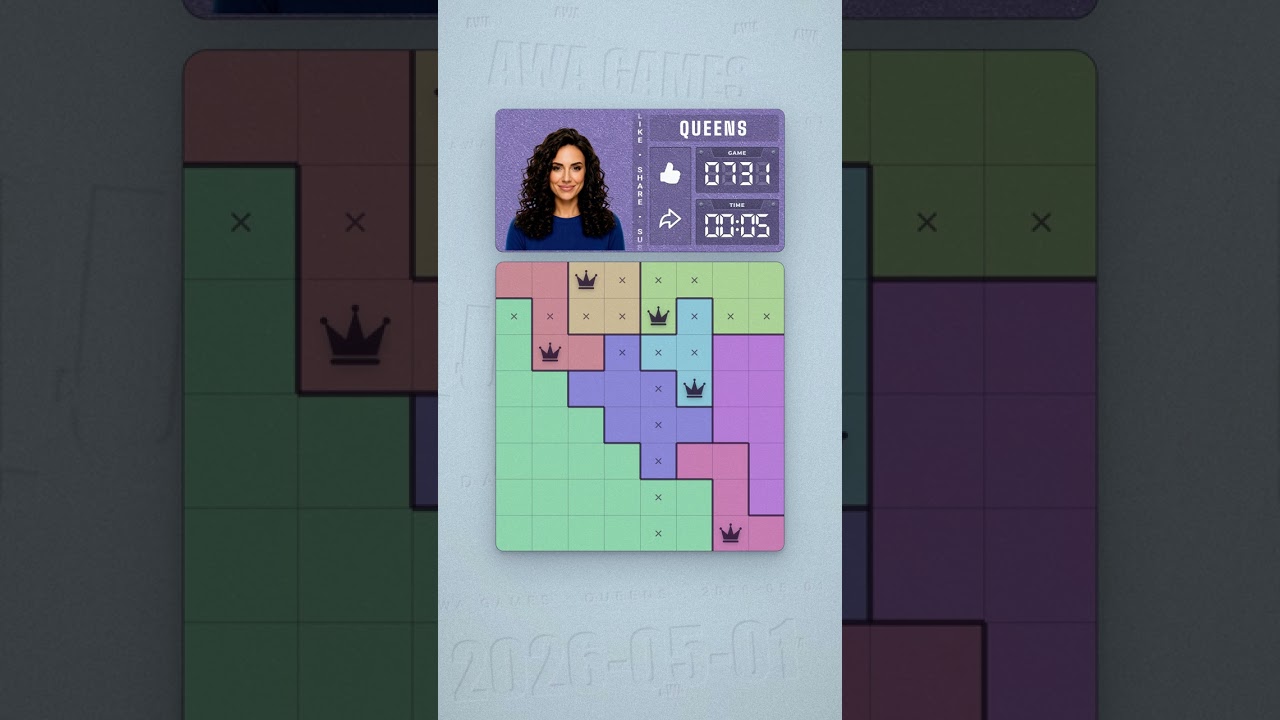 LinkedIn Queens #731 solved board for May 1, 2026, 8x8 grid