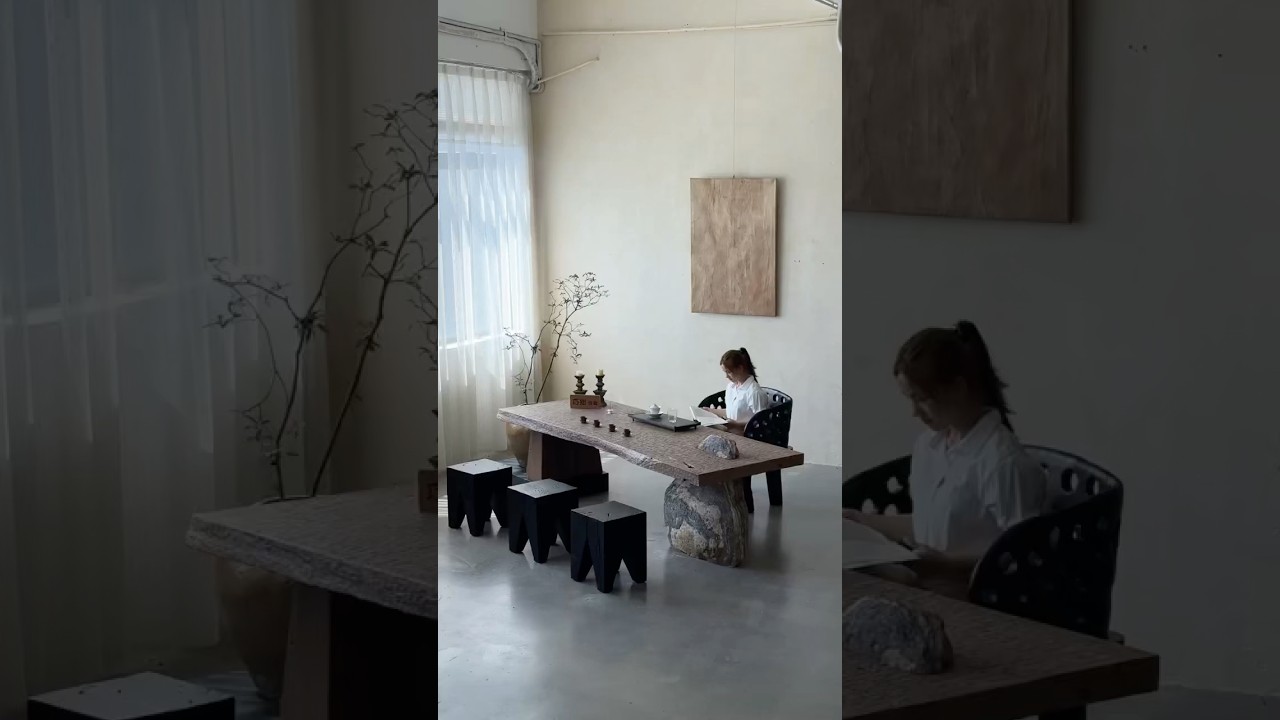 The stone and wood tea table gives people a quiet and natural beauty. 