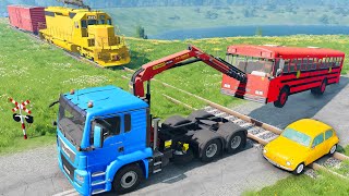 Big & small Cars vs Flatbed Trailer Truck Rescue Cars - CRANE, JCB, TRACTOR, BUS, TRAIN BeamNG.Drive