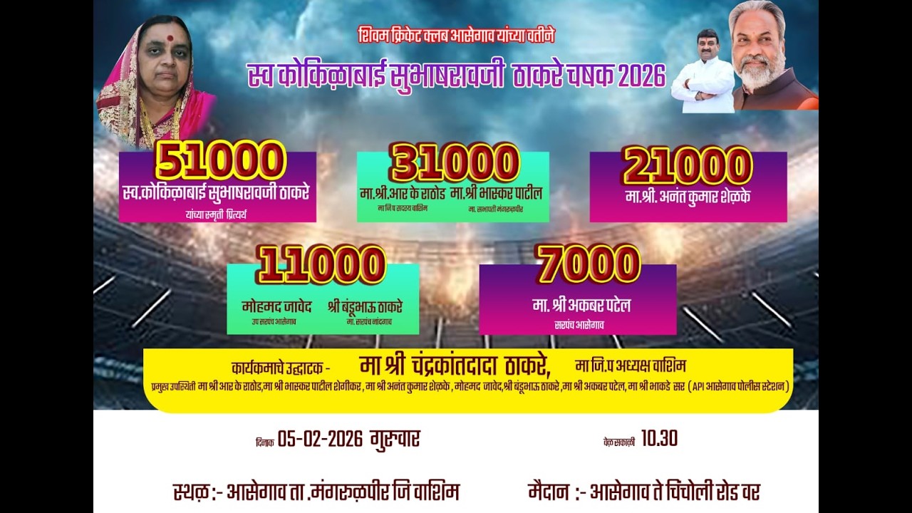 स्व.कोकिळाबाई सुभाषरावजी ठाकरे चषक  /2026 /आसेगाव