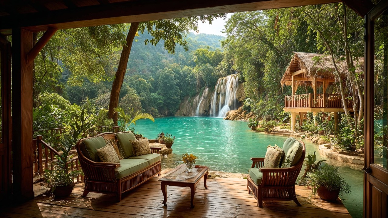 Peaceful Jungle Porch Ambience 🌿 | Waterfall White Noise and Birdsong for Study