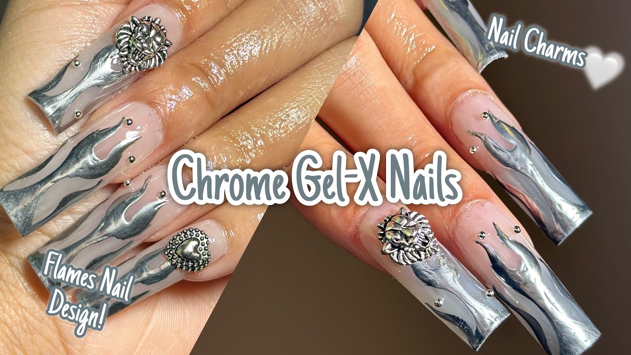 chrome gel-x nails, flame nails 🔥, xl nails