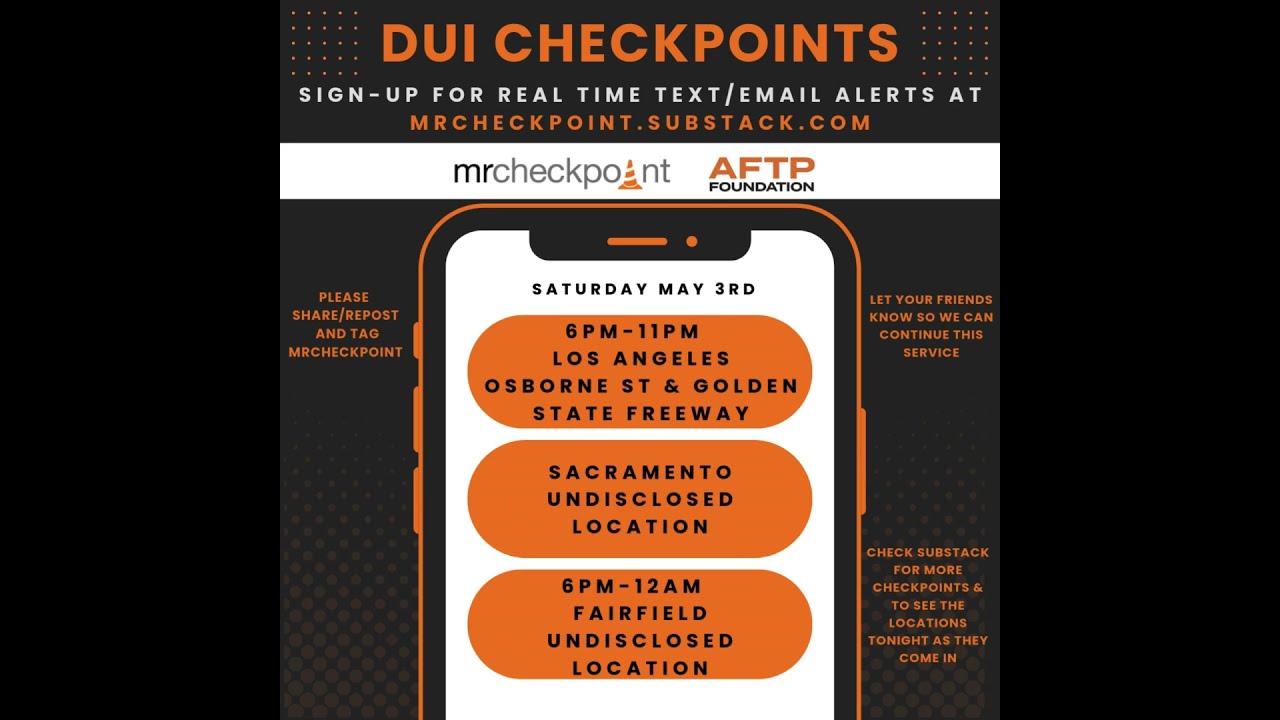 DUI Checkpoints Saturday May 3rd 2025