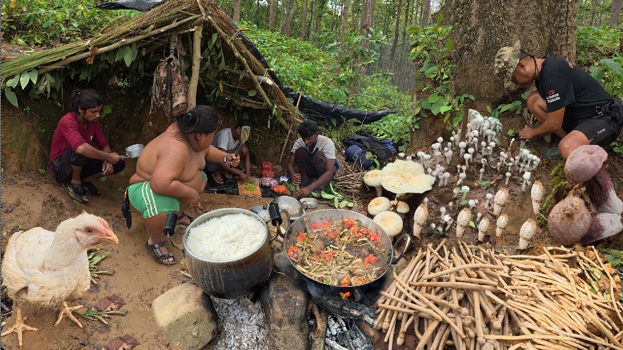 Wild Mushroom Live Hunting in Jungle But all are not Edible Hunting Cooking with Chicken and Eating