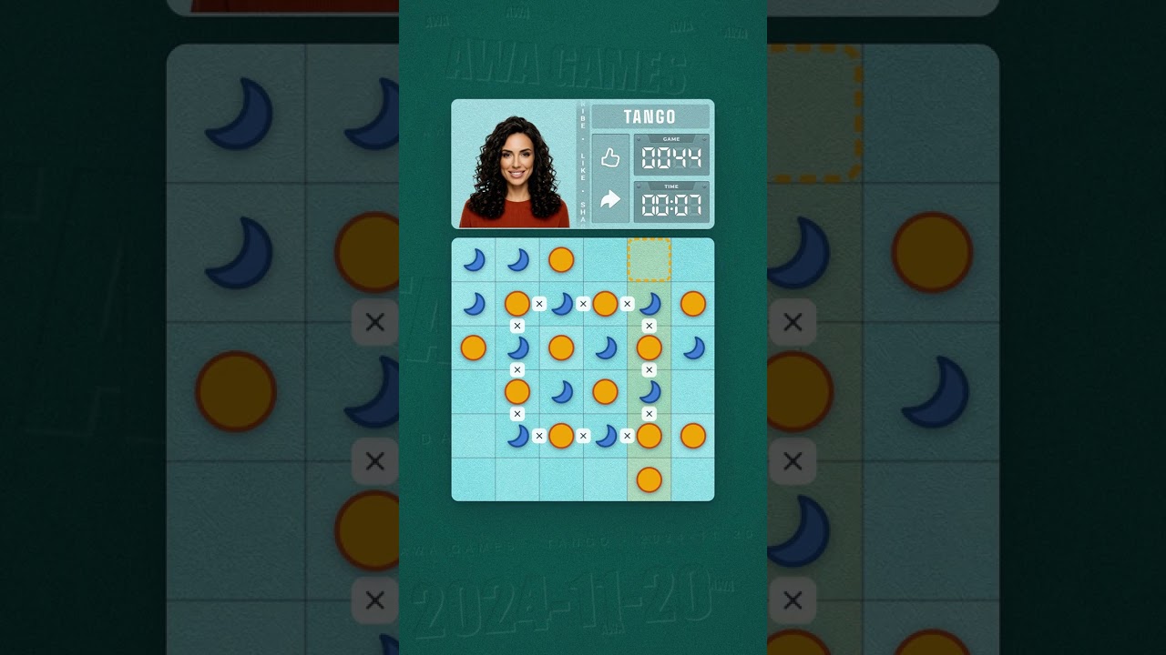 LinkedIn Tango #44 solved board for November 20, 2024, 6x6 grid