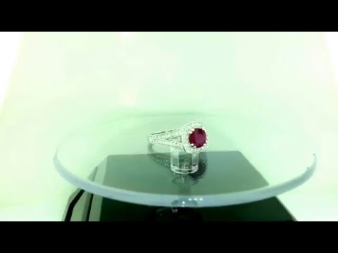 Ruby And Diamond Engagement Ring 1.58 Carat 14K White Gold Bridal Ring Handmade Halo