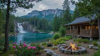 Peaceful Riverside Summer Cabin with Waterfall 🔥🌺 Cozy Piano Music with birdsongs for Relaxation