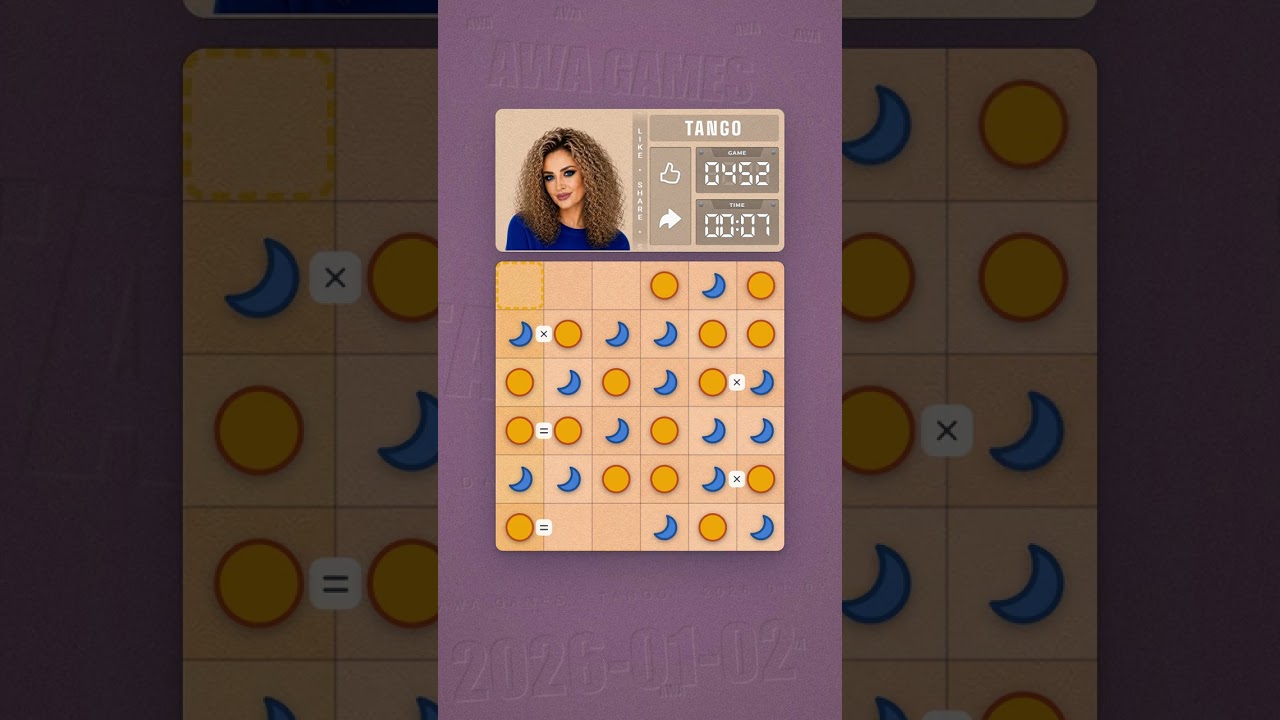 LinkedIn Tango #452 solved board for January 2, 2026, 6x6 grid