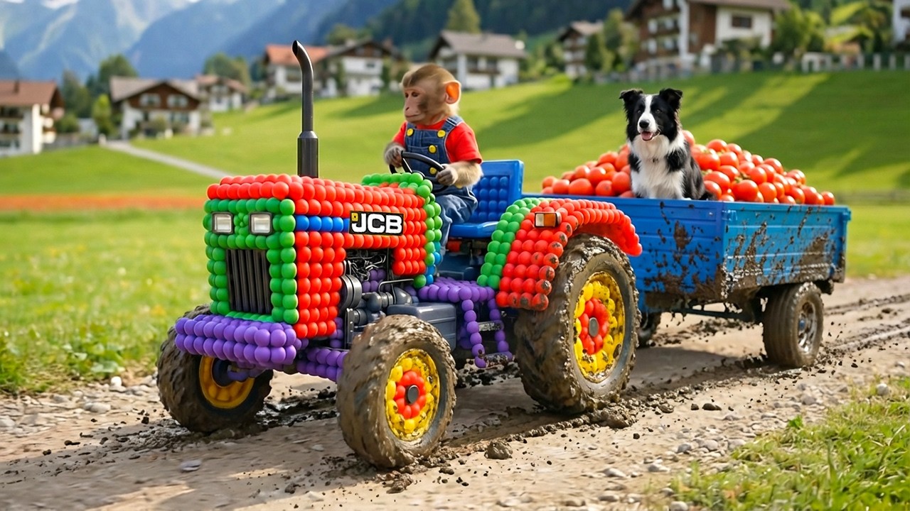 Monkey Nana the JCB Tractor Excavator to Rescue His Tractor After His Fell Into a Big Hole JCB