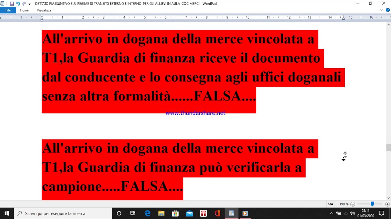 DETTATO RIASSUNTIVO SUL REGIME DI TRANSITO ESTERNO E INTERNO PER GLI ALLIEVI IN AULA CQC MERCI