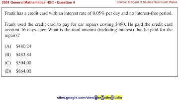 2001 General Maths HSC Q4 Find total credit card repayment including simple interest at 0.05%/day