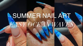 EASY SUMMER NAIL ART TUTORIAL☀️| SEAFOAM OCEAN WAVES 🌊| STEP BY STEP BLOOMING GEL NAIL ART 💅🏽