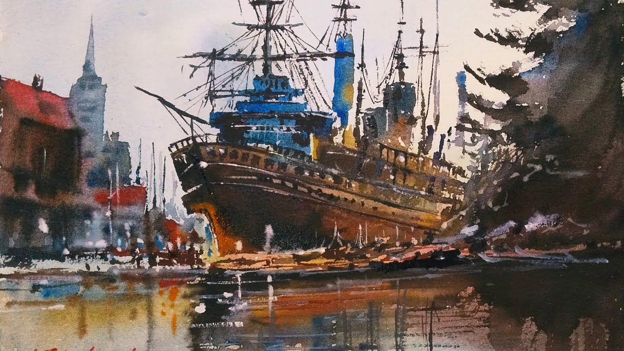 How to paint old ship in watercolor painting 