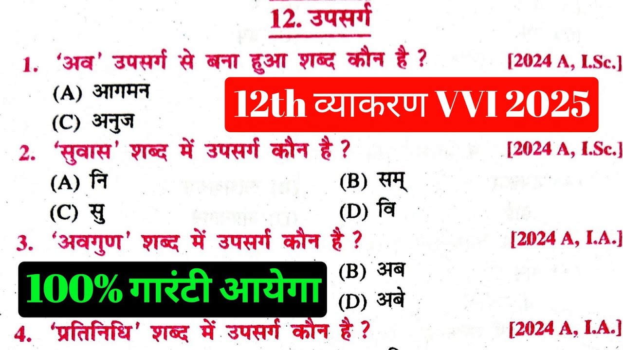 class 12 upsarg objective | upsarg ka vvi objective question | उपसर्ग का टॉप ऑब्जेक्टिव | vyakaran