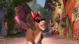 A cute and funny cartoon donkey happily dancing on a village street, wearing a red hat, blue shoes,