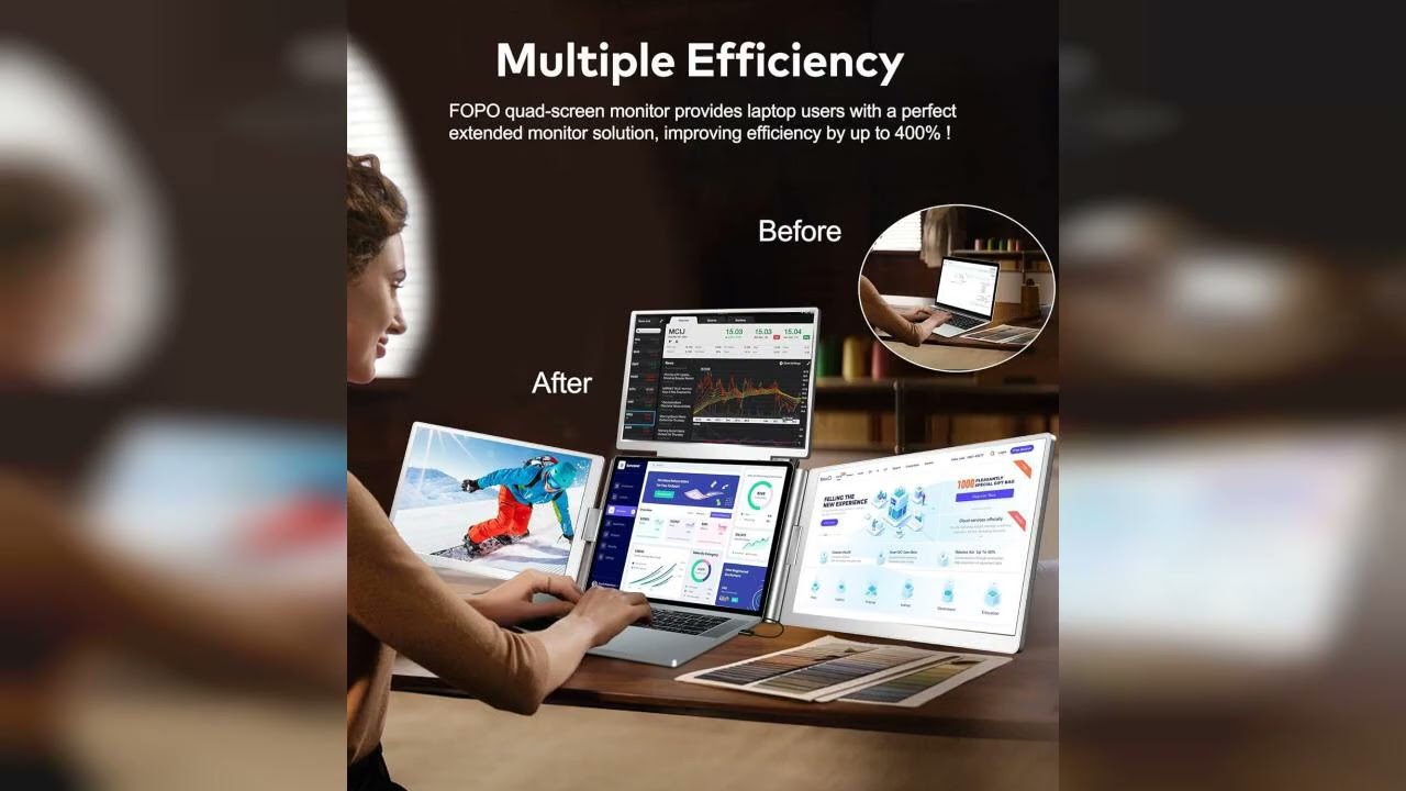 Review: FOPO 15.6" Laptop Screen Extender Monitor Portable, Quad Monitor, Just 1 Cable for 3 S...