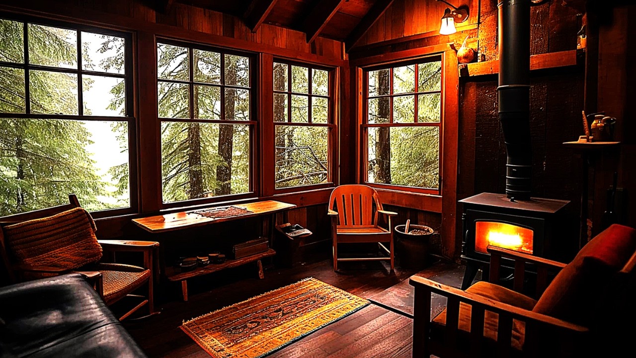 Heavy Thunderstorm thru a Forest Cabin Window - 10 Hours of Rain, Thunder, and Fireplace Ambience