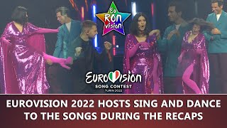 Eurovision 2022 hosts sing and dance to the songs during the recaps