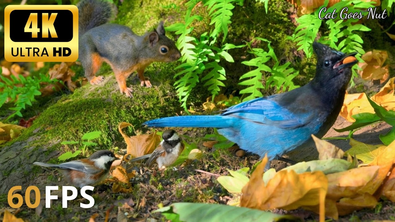 Cat TV 8 hours 🐱 Birds, chipmunks, squirrels, and the fall maple leaves(4K HDR). Episode 9
