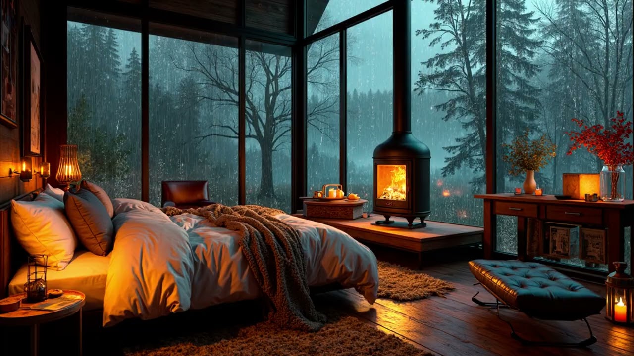 Rain Sounds in a Modern Forest Glass Cabin | Warm Fireplace Night for Deep Sleep