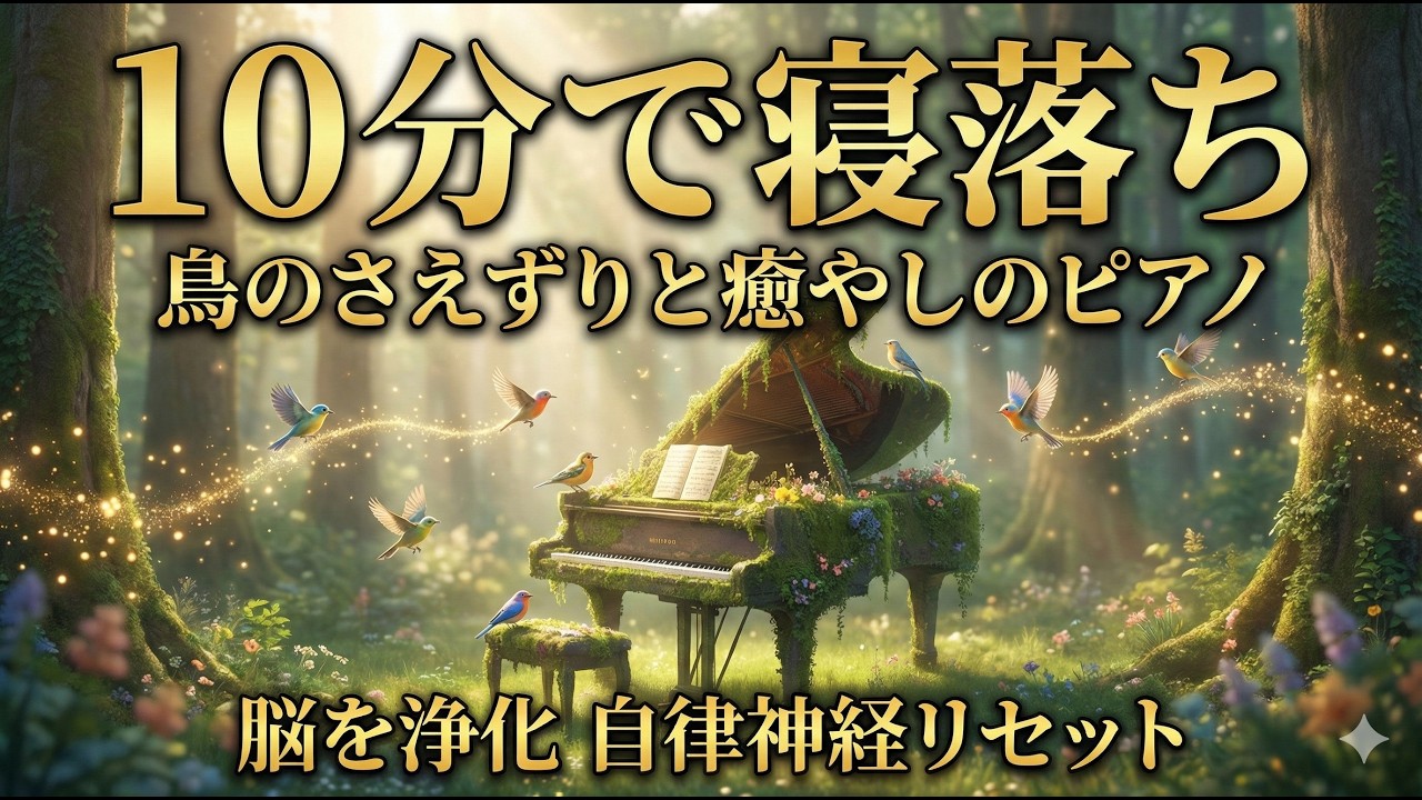 【10分で寝落ち】脳を浄化する「鳥のさえずりと癒やしのピアノ」。自律神経を整え、朝まで深く眠る3時間【睡眠用BGM/1/fゆらぎ/疲労回復】