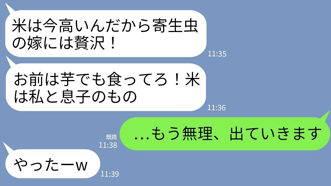 【LINE】生活費を全額支払う私に義母が「寄生虫の嫁は米食うな！米は私と息子で食べるからお前は芋でも食え！」→キレた私が全ての支払いやめて永遠に消えた結果www