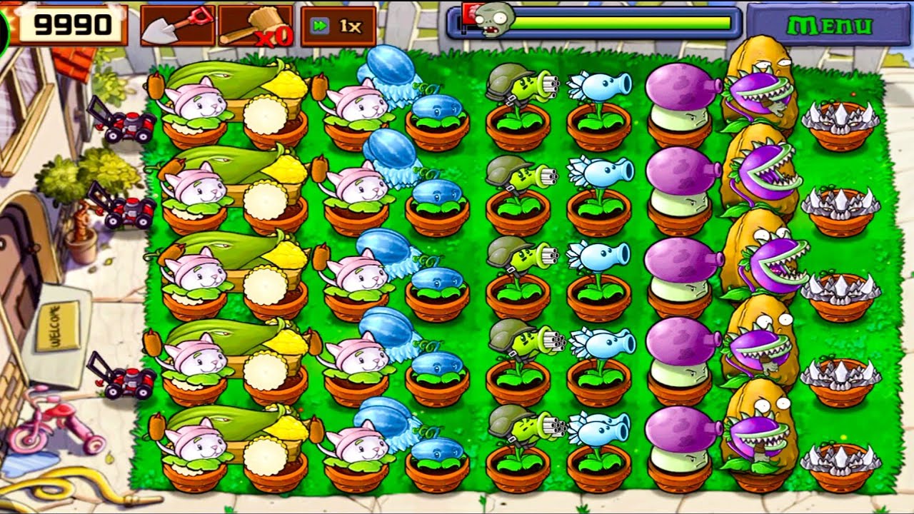 Plants Vs zombies Survival Day Cob Cannon+Gatling Pea+Winter Melon Pult+Cattail Vs All Zombies 
